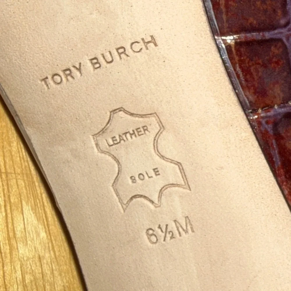 Tory Burch Eleanor Womens 6.5M Pre-Owned Heels Burgundy Croc Embossed Gold Logo